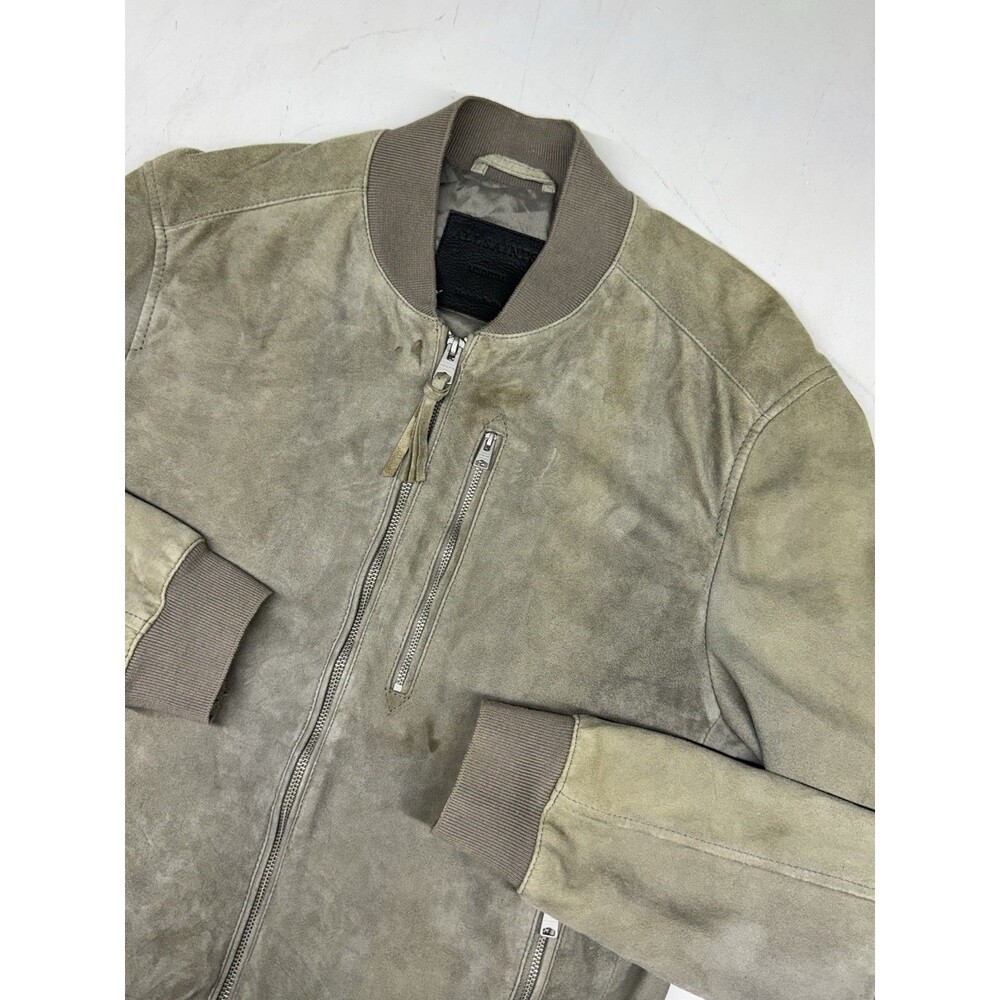 Allsaints Kemble Jacket Men Medium Green Suede Leather Bomber Coat Full Zip